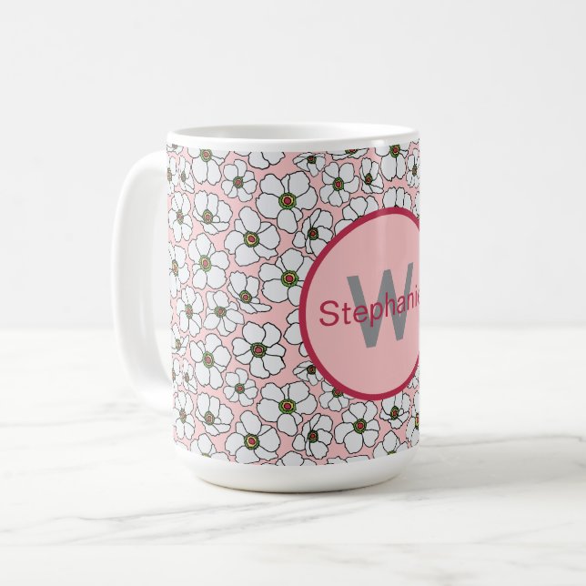 Rosa och vit boho blommig med monogram kaffemugg (Framsida vänster)