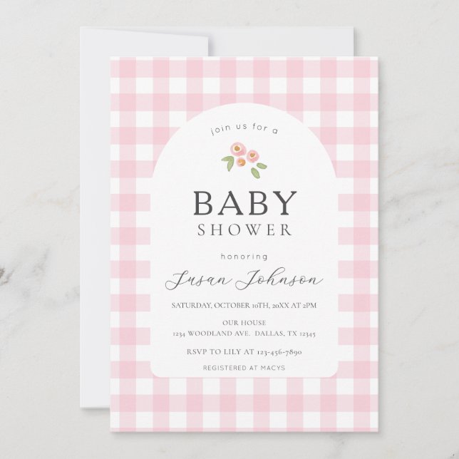 Rosa och vit buffalo-kontroll Play Baby Shower Inbjudningar (Framsida)