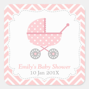 Rosa och vit Chevron, barnvagn, baby shower flicka Fyrkantigt Klistermärke