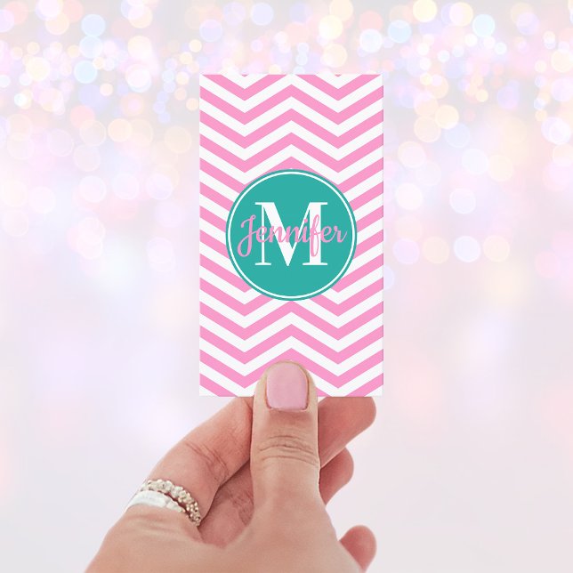 Rosa och vit chevron turkos monogram visitkort (Pink and Teal Monogram Business Cards)