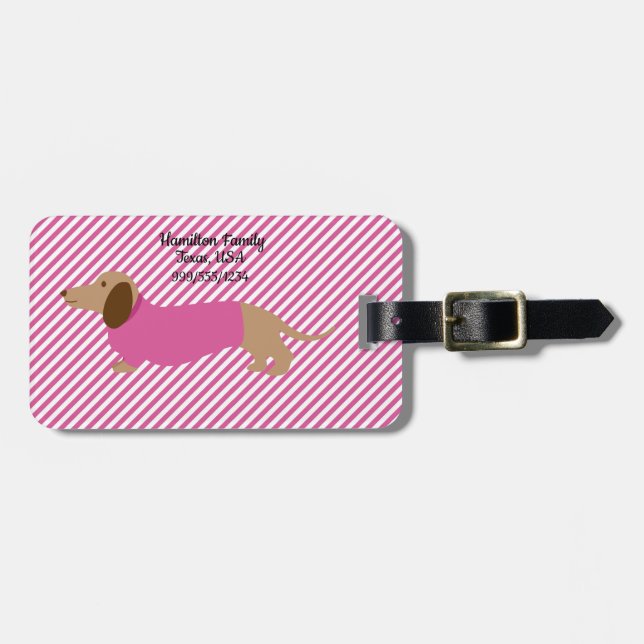 Rosa och vit dachshund bagagetikett bagagebricka (Horisontell Framsida)