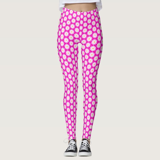 Rosa och vit Daisy Flower Mönster Leggings (Framsida)