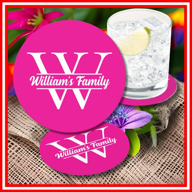 Rosa och Vit | Enkel Familjeförnamn Monogram Underlägg Papper Rund (Skapare uppladdad)