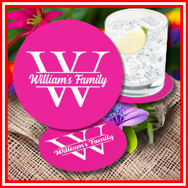 Rosa och Vit | Enkel Familjenamn Monogram Underlägg Papper Rund