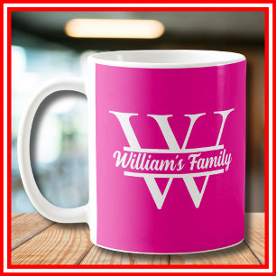 Rosa och Vit Enkel familjenamnsmonogram Kaffemugg