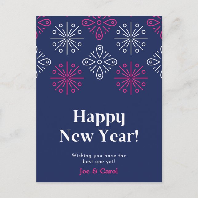 Rosa och vit Fireworks Gott nytt år Vykort (Framsida)