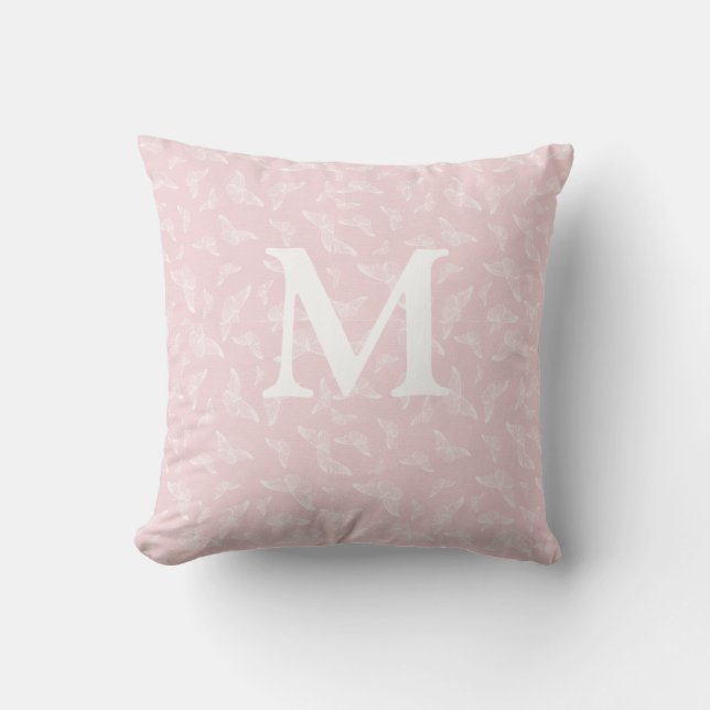 Rosa och vit fjäril initial kastkudde kudde (Framsida)