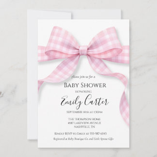 Rosa och vit Gingham-båge Baby Shower-inbjudan Inbjudningar