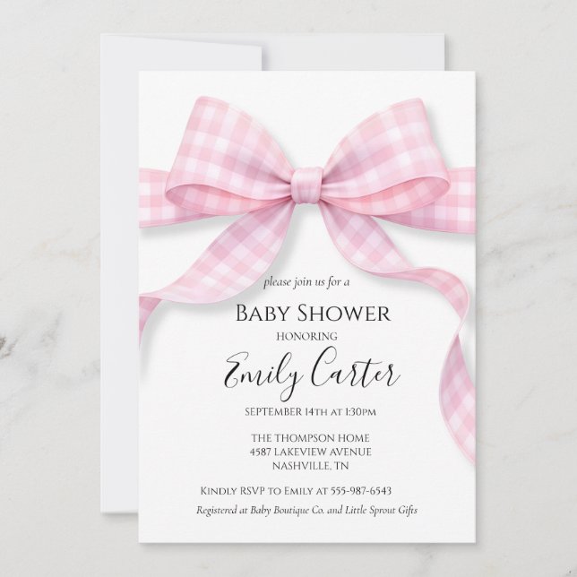 Rosa och vit Gingham-båge Baby Shower-inbjudan Inbjudningar (Framsida)