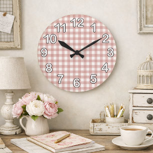 Rosa och vit gingham kartrutmönster Cottagecore-mö Stor Klocka