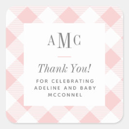 Rosa och vit gingham-monogram tack fyrkant S Fyrkantigt Klistermärke