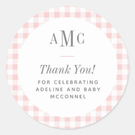 Rosa och vit Gingham Monogram Tack Runt Klistermärke