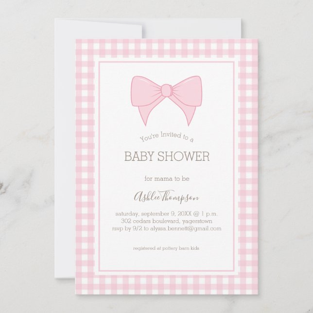 Rosa och vit gingham-mönster babyshower inbjudningar (Framsida)