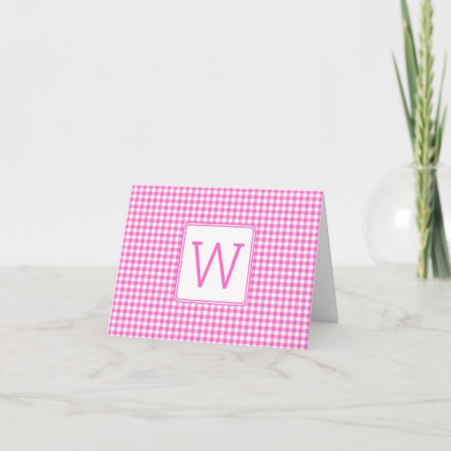 Rosa och vit Gingham Plaid Monogram Anteckningskort (Framsida)