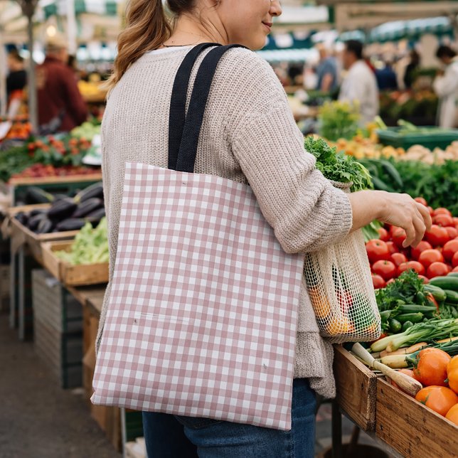 Rosa och vit gingham-rutig shabby chic-mönster tygkasse (A tote bag with a pink and white gingham pattern.)