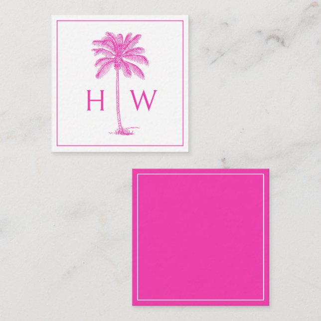 Rosa och vit Handflatan Palmetto Träd Monogram Anteckningskort (Fram/baksida)
