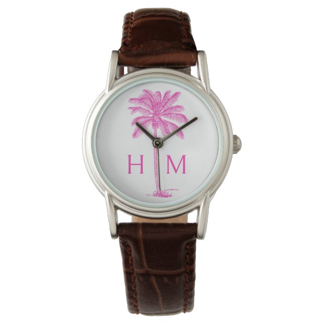 Rosa och vit Handflatan Palmetto Träd Monogram Armbandsur (Framsida)