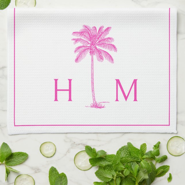 Rosa och vit Handflatan Palmetto Träd Monogram Kökshandduk (Vikta)