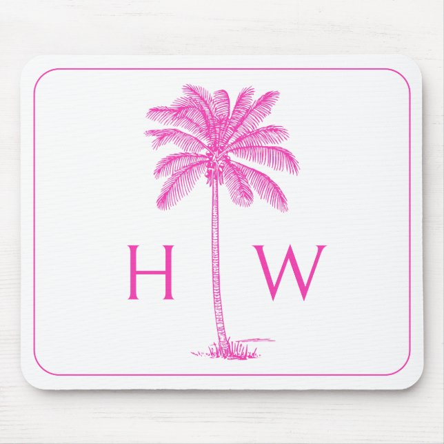 Rosa och vit Handflatan Palmetto Träd Monogram Musmatta (Framsidan)