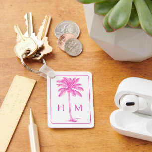 Rosa och vit Handflatan Palmetto Träd Monogram Nyckelring