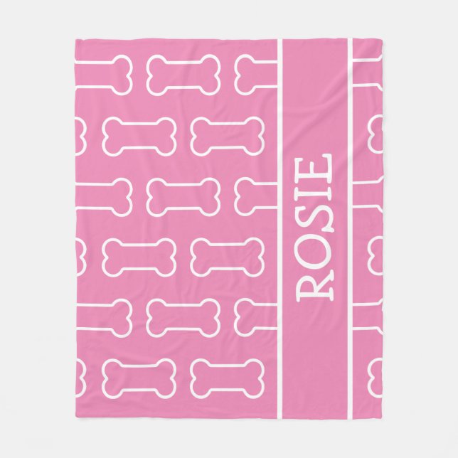 Rosa och vit Hund Bone Personlig Pet Fleecefilt (Framsidan)