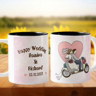 Rosa och vit Illustrated Lycklig Bröllop Mugg