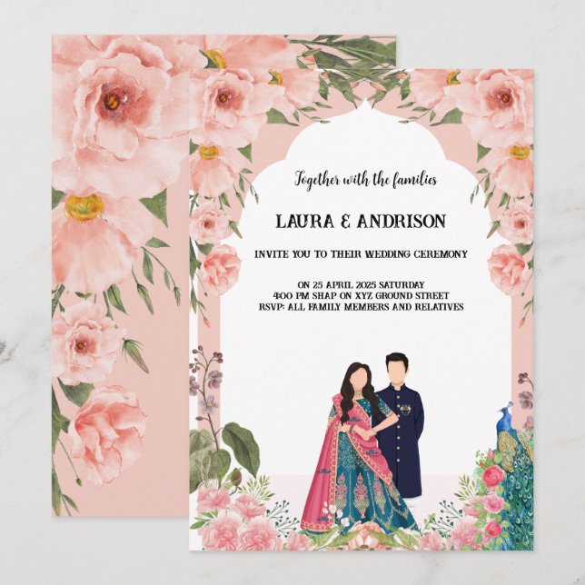 rosa- och vit inbjudan till bröllop med vattenfärg (Fram/baksida)