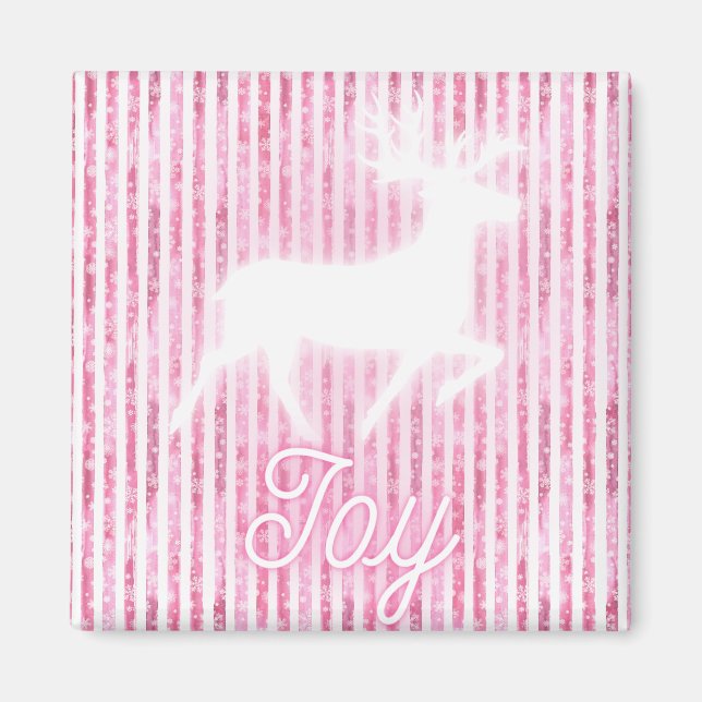 Rosa och vit jul Joy Reindeer Magnet (Framsidan)