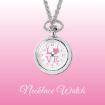 Rosa och vit Kärlek Necklace Watch Armbandsur<br><div class="desc">Necklace Watch-gåva. Med ord "kärlek" och en hjärtform som ersätter brev O. Rosa och vit</div>