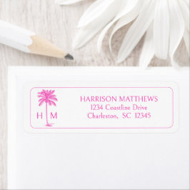 Rosa och vit kustpalmettopalm med monogram returadress etikett