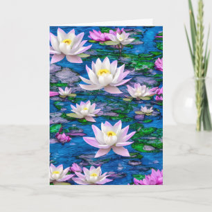 Rosa och vit Lotus blomning Flytande i blå damm Kort