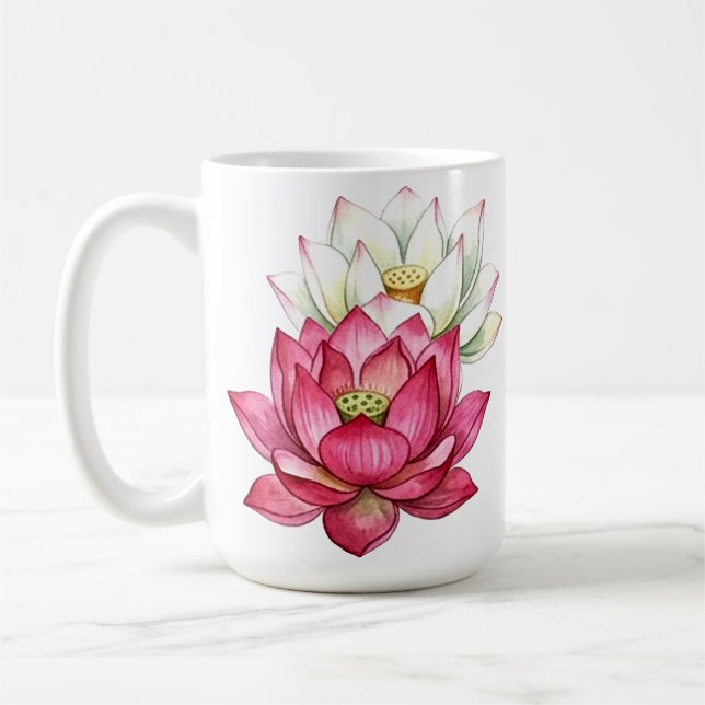 Rosa och vit lotusblomma i akvarell kaffemugg (Vänster)