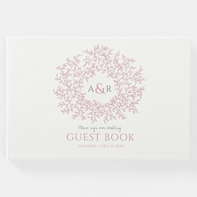  rosa och vit löv monogram art bröllop gästböcker (Framsida)