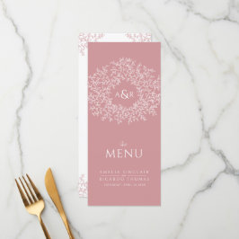 rosa och vit löv teckning monogram bröllop meny
