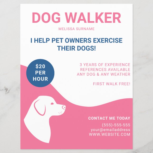 Rosa och vit med blå hundpromenerarmall reklamblad (Framsidan)