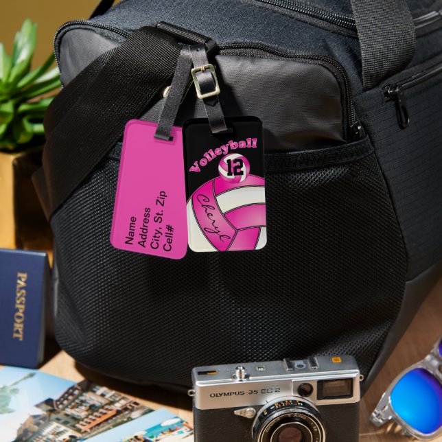 Rosa och vit med Black Sporty Volleyball Bagagebricka (Fram & Baksida)