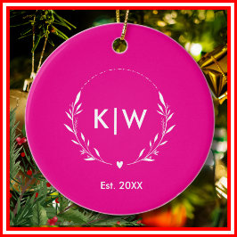 Rosa och vit | Modern Initialer Monogram Julgransprydnad Keramik