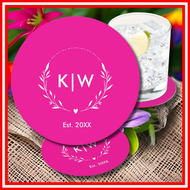 Rosa och vit | Modern Initialer Monogram Underlägg Papper Rund (Pink and White | Modern Initials Monogram Round Paper Coaster)