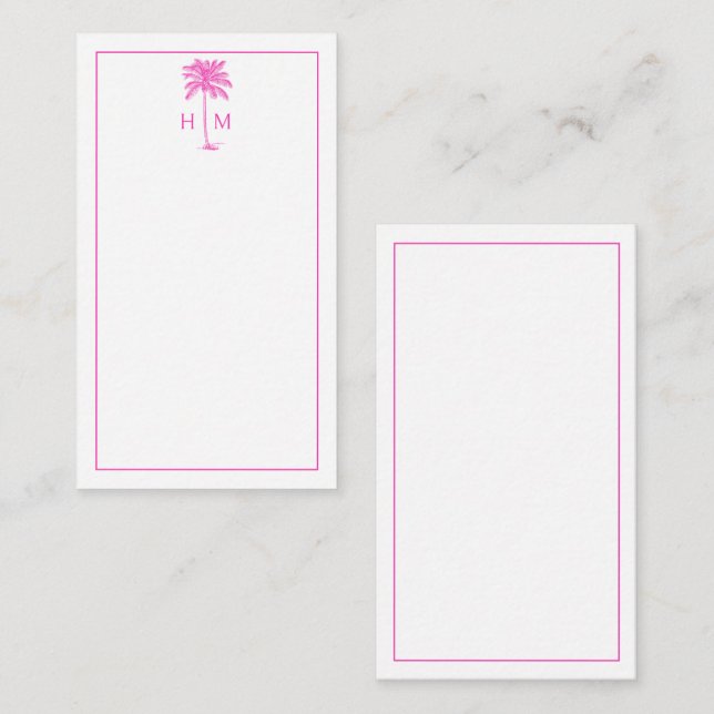 Rosa och vit palm palmetto träd monogram anteckningskort (Fram/baksida)