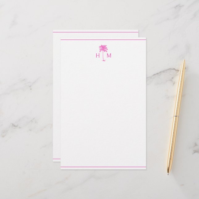 Rosa och vit palm palmetto träd monogram brevpapper (Fram/Back In Situ)