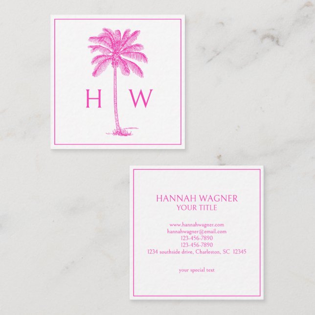 Rosa och vit palm palmetto träd monogram fyrkantigt visitkort (Fram/baksida)