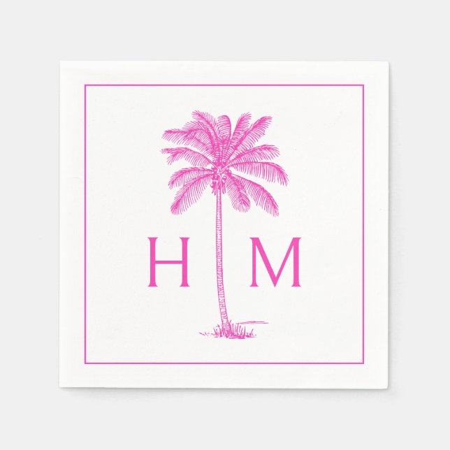 Rosa och vit palm palmetto träd monogram pappersservett (Framsidan)