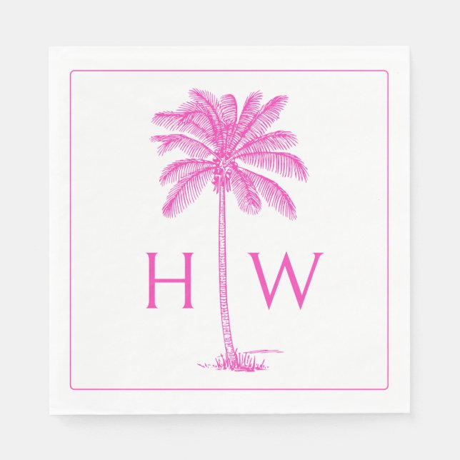 Rosa och vit palm palmetto träd monogram pappersservett (Framsidan)