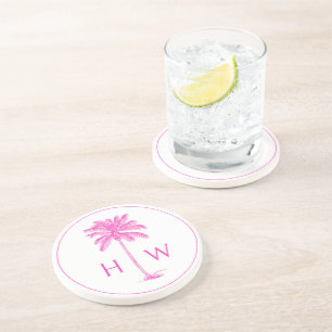Rosa och vit palm palmetto träd monogram underlägg