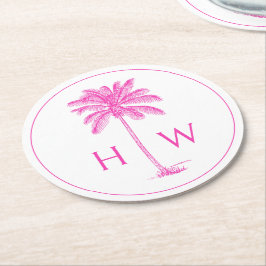 Rosa och vit palm palmetto träd monogram underlägg papper rund