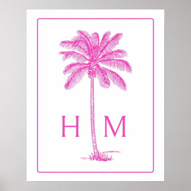 Rosa och vit palm palmetto trädmonogram poster (Framsidan)