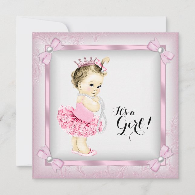 Rosa och vit pärl prinsessa tutu baby shower inbjudningar (Framsida)