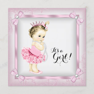 Rosa och vit pärl prinsessa Tutu Baby Shower Inbjudningar
