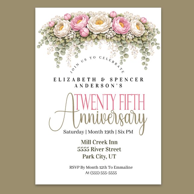 Rosa och vit peon 25-års bröllopsjubileum inbjudningar (Elegant pink and ivory peony floral 25th wedding anniversary invitation)