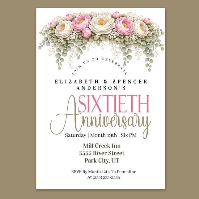 Rosa och vit peon 60-års bröllopsjubileum inbjudningar (Elegant pink and white peony 60th wedding anniversary invitation)